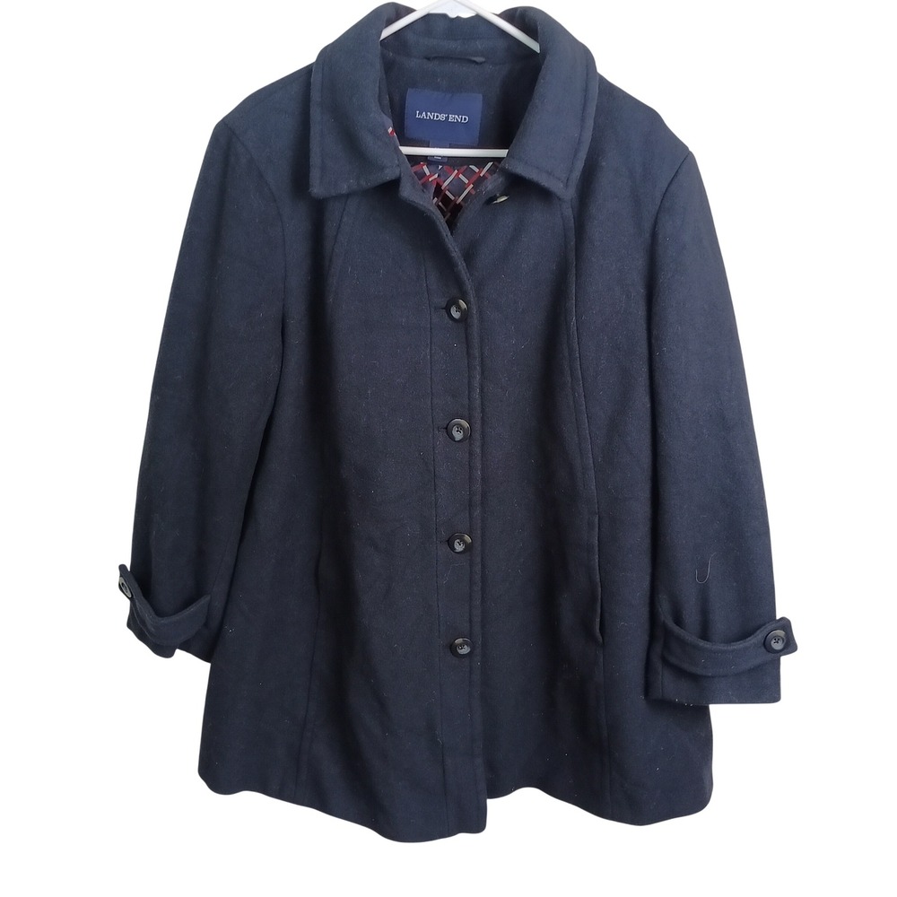 Lands' End Car Coat Womens 18W Navy Blue Excellent Wool Blend Button Front